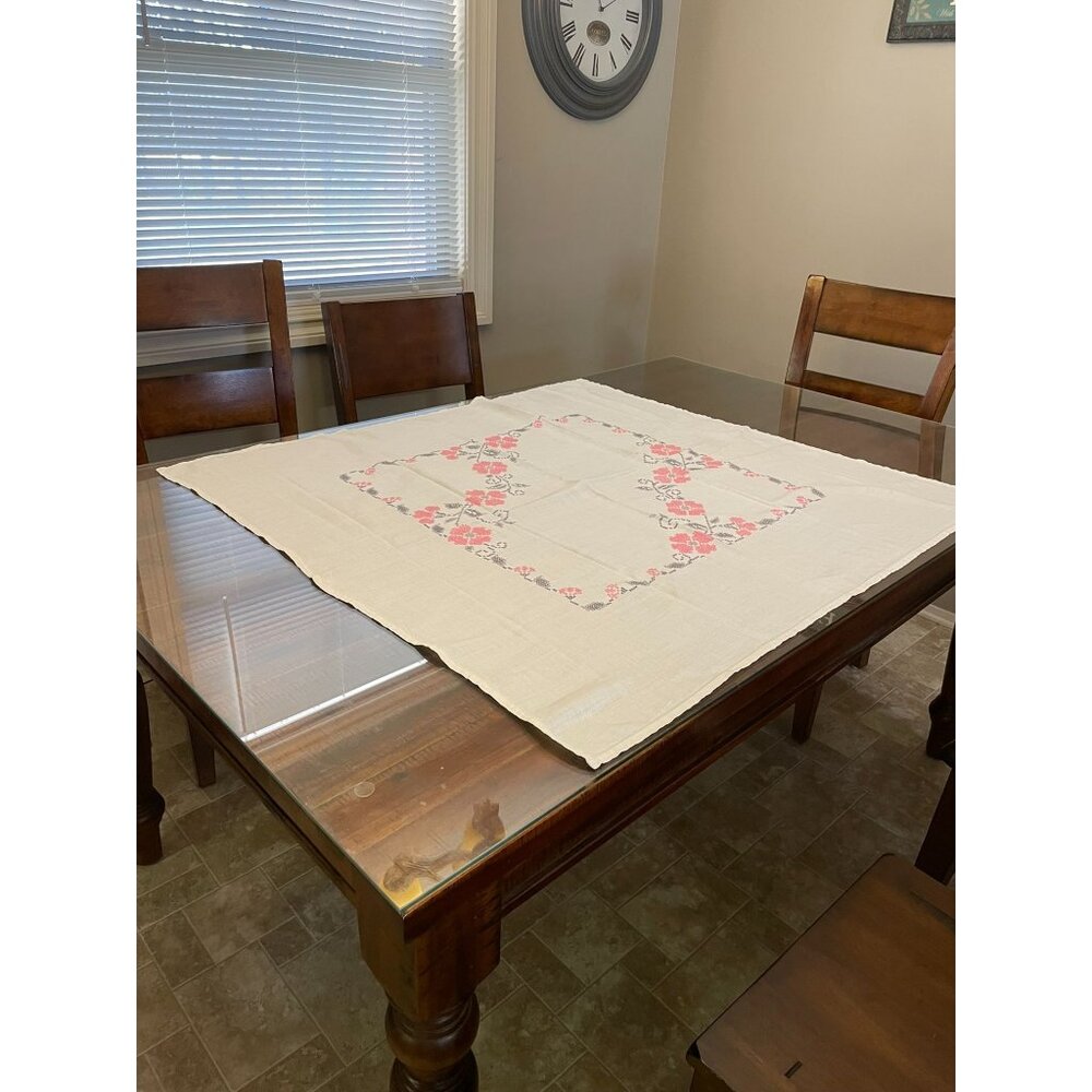 Vintage Cross Stitch Tablecloth Used Pink Gray